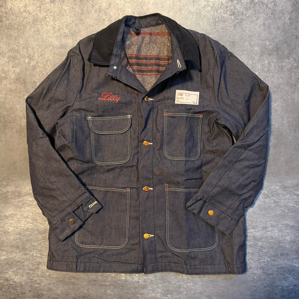 VTG 70s Wrangler Blue Bell Denim Chore Jacket Blanket Lined Size 44 Mint‎ Dark